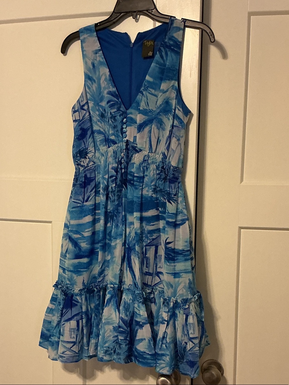 Taylor Blue & White Palm-Print V-Neck Sundress with Ruffle Hem